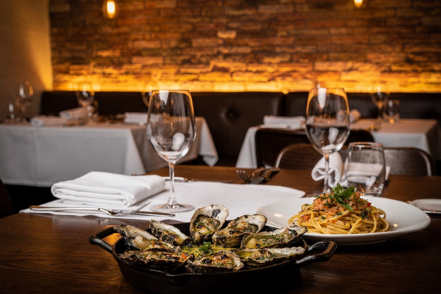 Candlelit dining room at dinner service with chargrilled oysters and pasta on a set table